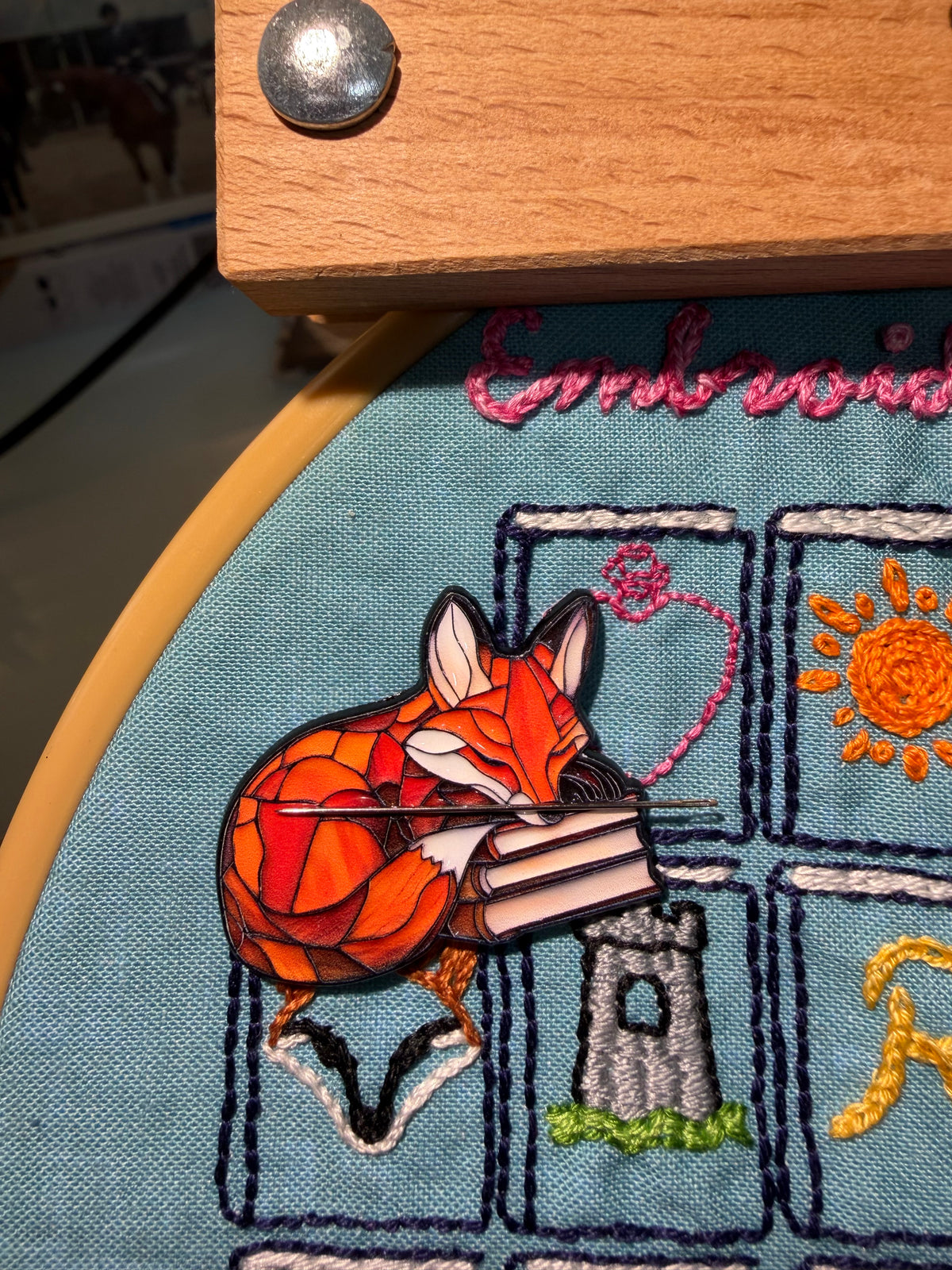 Stained Glass Fox with Book Stack Needle Minder