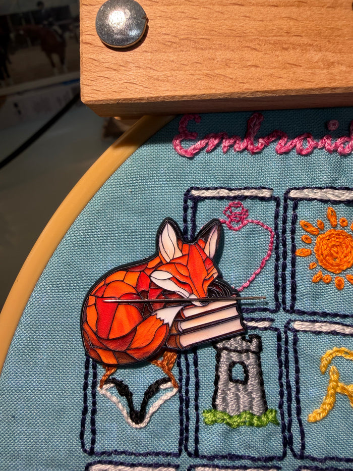 Stained Glass Fox with Book Stack Needle Minder